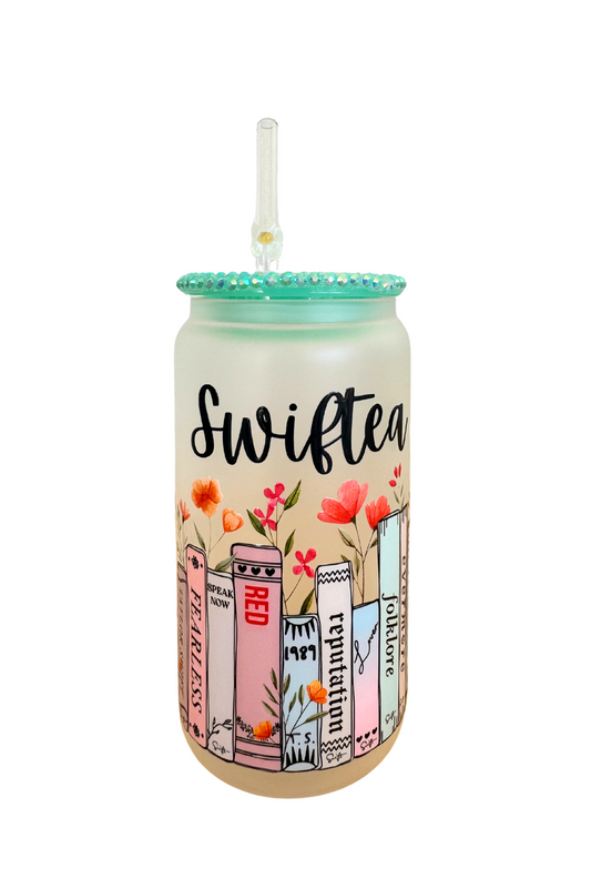 **Limited Edition** Swiftea Frosted Can Cup with Bling Lid + Flower Straw