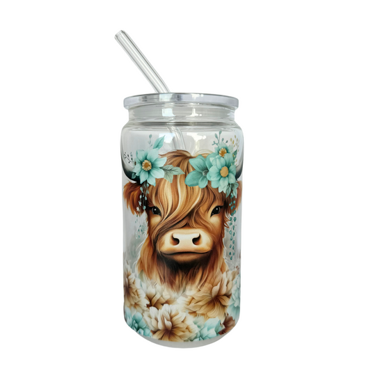 DISHWASHER SAFE- Blue Highland Cow 500ml (16oz) Glass Can Cup