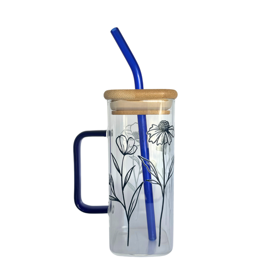 Wildflower Square Blue 400ml Glass Cup