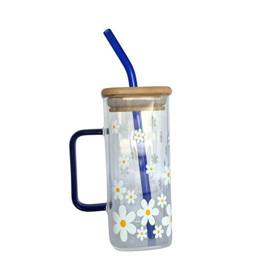 White Flowers Square Blue 400ml Glass Cup