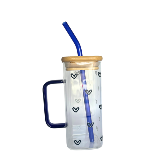 Love Hearts Square Blue 400ml Glass Cup