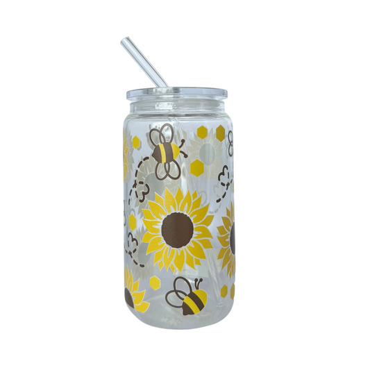 DISHWASHER SAFE- Bees + Sunflowers 500ml (16oz) Glass Can Cup