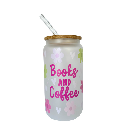 DISHWASHER SAFE- Books And Coffee Frosted 500ml (16oz) Glass Can Cup