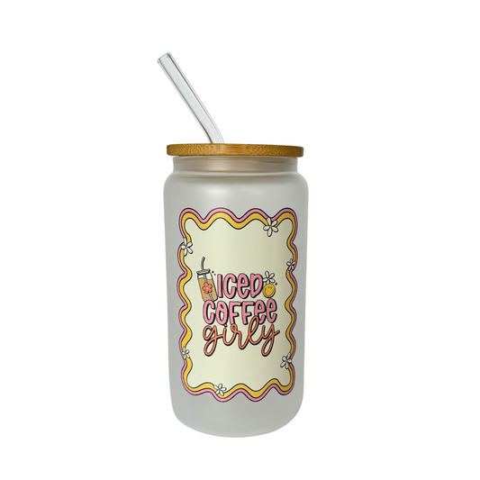 DISHWASHER SAFE- Iced Coffee Girly Frosted 500ml (16oz) Glass Can Cup