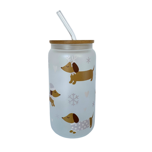 DISHWASHER SAFE- Winter Dachshunds Frosted 500ml (16oz) Glass Can Cup